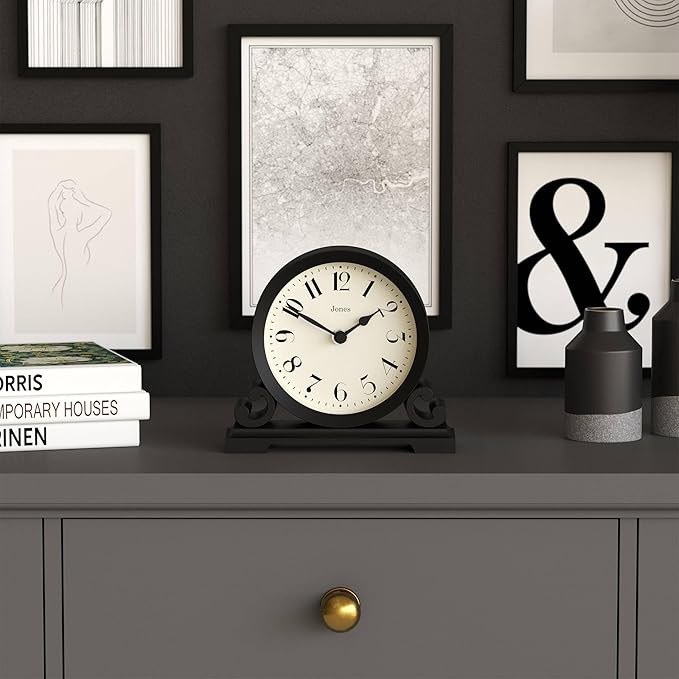 JONES CLOCKS® Saloon Mantel Clock | Traditional Double Scroll Design | Black | Contemporary Classic Style for Desk, Table, Shelf or Bedside
