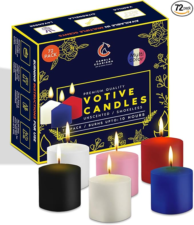 Candle Charisma Multicolor Unscented Votive Candles - 10 Hour Burn time - Set of 72 for Dinner, Wedding, Halloween and Holiday Decorations