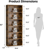 6-Tier Industrial Bookcase, 63" Tall Freestanding Wood Bookshelf with Open Display Storage Shelves for Living Room, Bedroom, Home Office, Rustic Brown