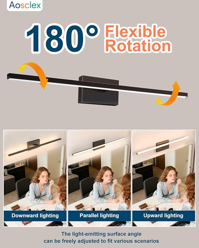 Wall-Mounted Bathroom Lighting Fixtures, 32 Inch 24W IP44 Black Modern Bathroom Vanity Light, 5CCT Adjustable (2700K–5000K), Dimmable LED Light Fixture, Dual-Sided, 180° Rotatable Angle, ETL