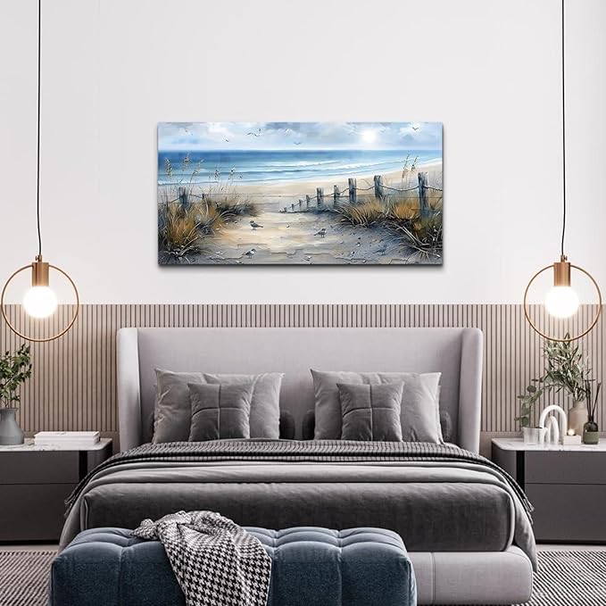 FUHAIHUA Canvas Wall Art For Living Room Wall Decorations For Bedroom Office Decor Beach Wall Paintings Blue Ocean Sea Wave Pictures Artwork For Modern Framed Posters Aesthetic Home Decor 20X40 In