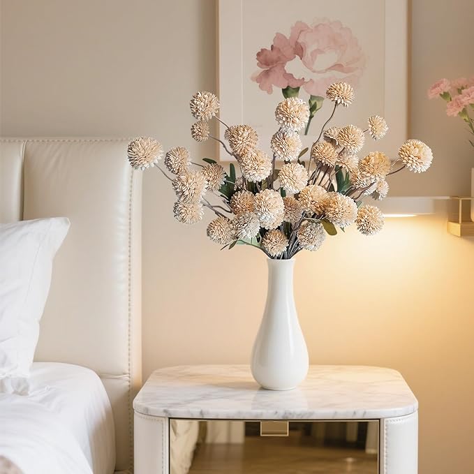 10 Pcs Fake Flowers, Artificial Mums with Long Stems, Beige Faux Pompon Mums Floral Arrangement, Champagne Plastic Flowers Silk Dried Flowers Home Decor, Fall Decorations for Home Vase(No Vase)