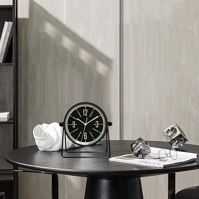 QIYAODECO® Vintage Metal Desk Clock for Bedroom, with Adjustable Angle Ticking Small Battery Operated Mantel Bedside Clock, Decorative Table Old Fashioned Style Black Decor Adult Kid Gift,Silver/Black