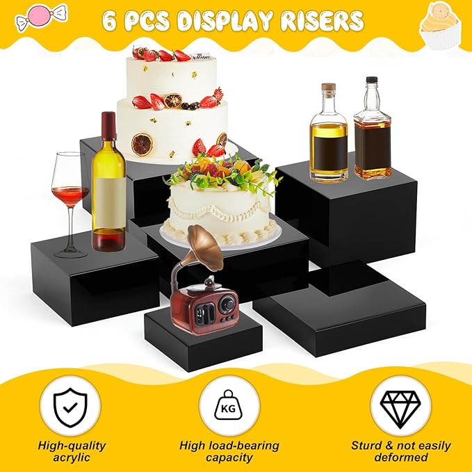 Leinuosen 6 Pcs Large Buffet Risers, 6 to 11 Inch Catering Dessert Table Risers Food Decorative Stands with hollow bottom for Catering Supplies, Party(Black, Square)