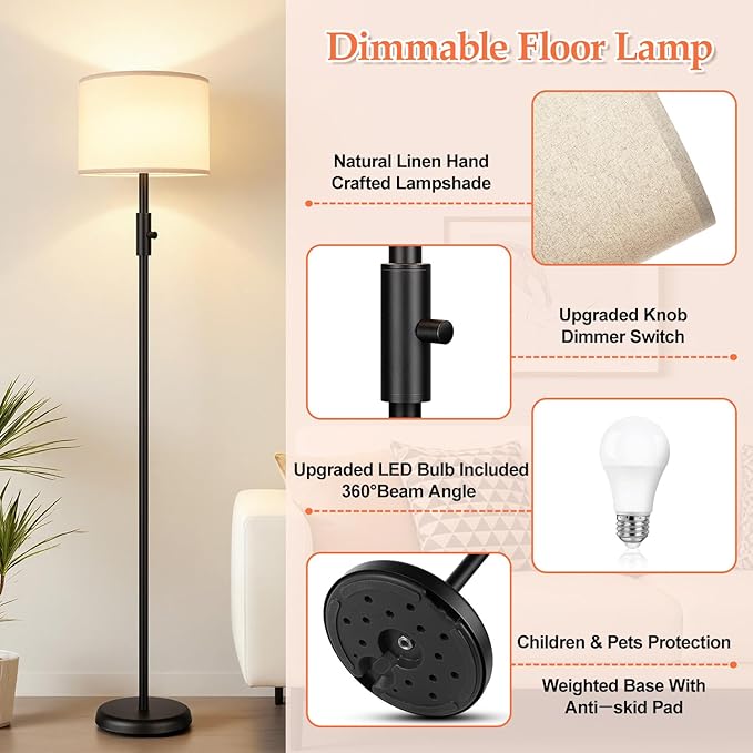 【Upgraded】 Dimmable Floor Lamp for Living Room,1000 Lumens Bulb Included, Modern Floor Lamps Simple Design with Linen Shade, Tall Standing Lamp for Bedroom Office Dining Room, Black Pole Lamp