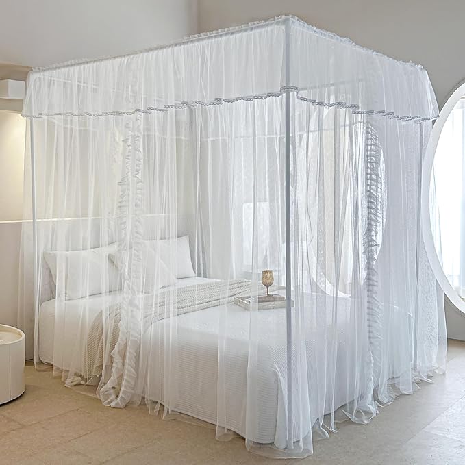 AIKASY 4 Corners Post Ruffle Princess Bed Canopy Curtain - Double Layer Cozy Drape Netting with 4 Openings - Elegant Mosquito Net for Girls and Adults Bedroom Decoration (White, Twin)