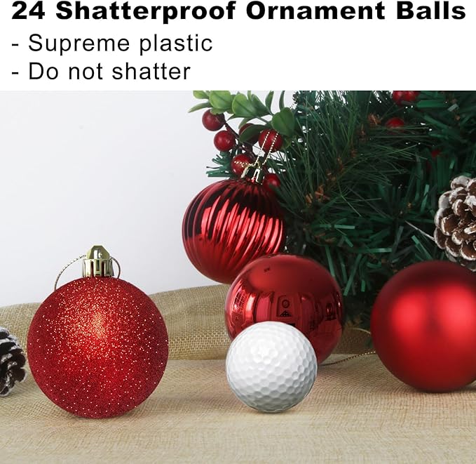 Rose Red 2.5" Christmas Balls Christmas Tree Decoration Ornaments Shatterproof Hanging Balls for Birthday Halloween Holiday Wedding Decorations Set of 24pcs