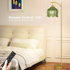 Glass Floor Lamp for Living Room,Bedroom,Gold Dimmable Standing Lamp with Remote,Mid Century Modern Brass Tall Lamp Boho Vintage Floor Lamps Arc Green Tulip Flower Floor Light Lamp Bohemian