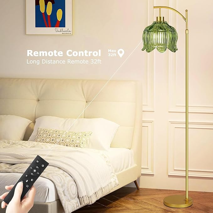 Glass Floor Lamp for Living Room,Bedroom,Gold Dimmable Standing Lamp with Remote,Mid Century Modern Brass Tall Lamp Boho Vintage Floor Lamps Arc Green Tulip Flower Floor Light Lamp Bohemian