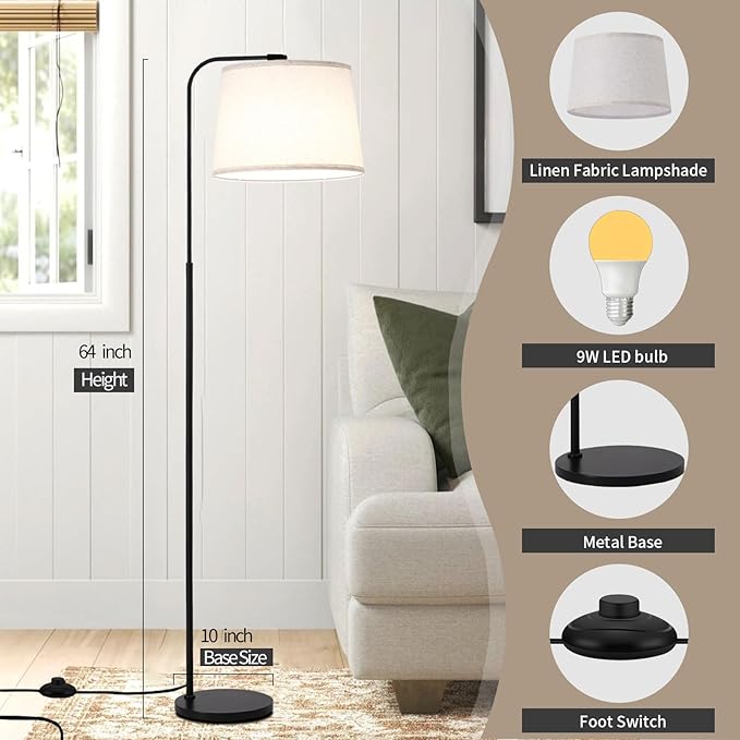 Arc Floor Lamps for Living Room, Modern Floor Lamp for Bedroom, Foot Pedal Control Standing Lamps with Adjustable Linen Lampshade, Tall Lamp with 9W Bulb for Office Reading Room Nursery (Black)
