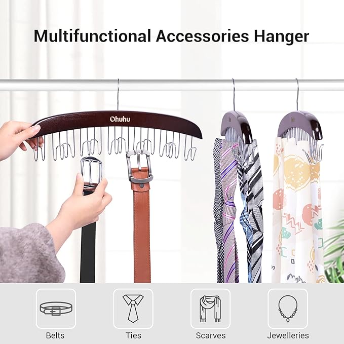 Belt Hanger Organizer for Closet: Ohuhu 2 Pack 12 Hooks Max 36 Belts Tie Rack Wooden Belt Holder for Storage 360 Degree Rotating Space Saver Organizer for Men Women Belt Tie Scarf Accessories-Walnut