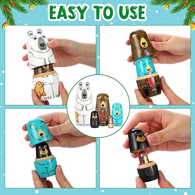 Gejoy Russian Nesting Dolls for Kids Handmade Matryoshka Wooden Stacking Toys Nesting Dolls Collectible Gifts for Winter Christmas Holiday Present Boys Girls Adults Home Decor(Bear Animal)