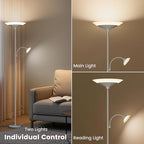 Sliver Gray Torchiere Floor Lamp with Reading Light, 4 Color Temperatures, Dimmable & Individual Light Control Standing Lamp, 34W Bright Tall Lamp with Remote for Living Room Bedroom Office
