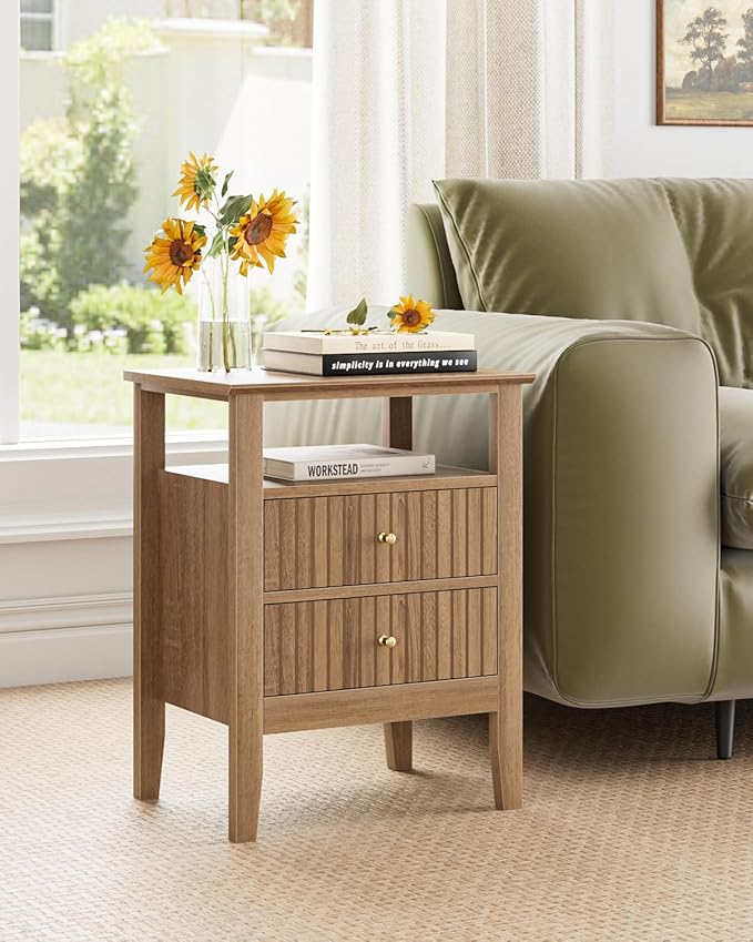 Fluted Nightstand, Farmhouse Night Stand with 2 Drawers, Mid Century Modern Side Accent Table,Bedside End Table for Bedroom, Living Room, Natural