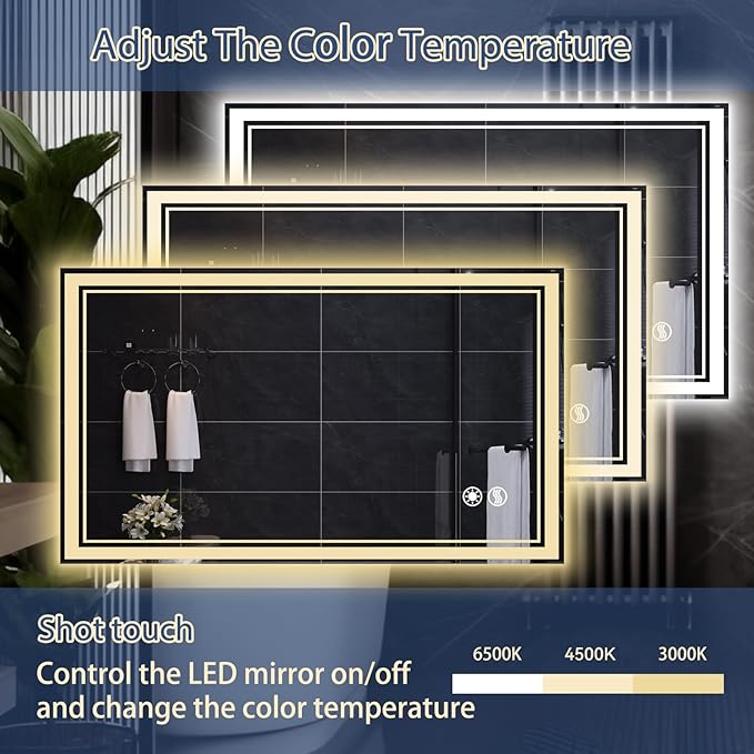 48“ x 28” LED Bathroom Mirror with Lights Anti-Fog Dimmable 3 Colors LED Mirror for Bathroom Memory Function Smart Mirror Wall Mounted Horizontal/Vertical