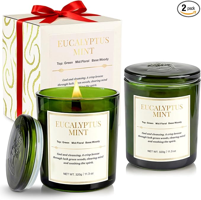2 Pack Candles for Home Scented,Wood Wick Eucalyptus Mint Scented Candle,22.6 oz 150 Hour Long Burning Lasting, Natural Soy Wax Candles Gifts Set