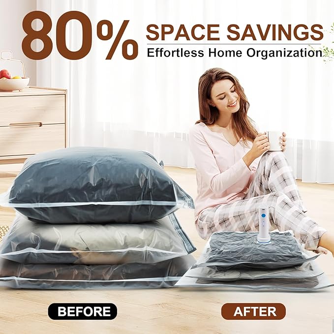 24 Pack Vacuum Storage Bags,Space Saver Bags for Clothing,Comforters,and Bedding,Includes 5 Jumbo, 5 Large, 5 Medium, 5 Small/4 Roll Bags,Compression for Closet & Travel, With Electric Pump