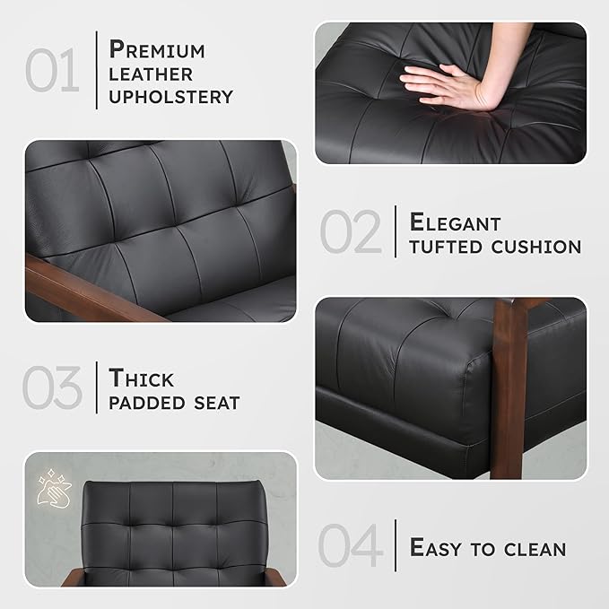Lexicon Modern Accent Chair, Luxury Genuine Leather Match Living Room Chair with Tufted Cushions, Solid Wood Frame and Arm Rest, Comfy Upholstered Single Seat for Bedroom/Reading/Office, Black