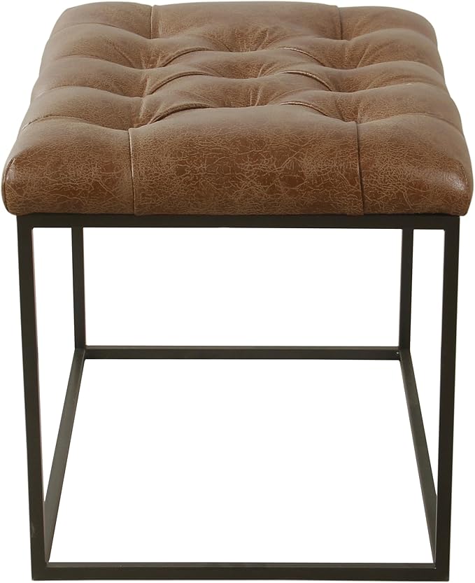 HomePop Home Decor | Upholstered Tufted Faux Leather Ottoman Bench| Ottoman Bench for Living Room & Bedroom | Decorative Home Furniture (Distressed Brown Faux Leather) Small