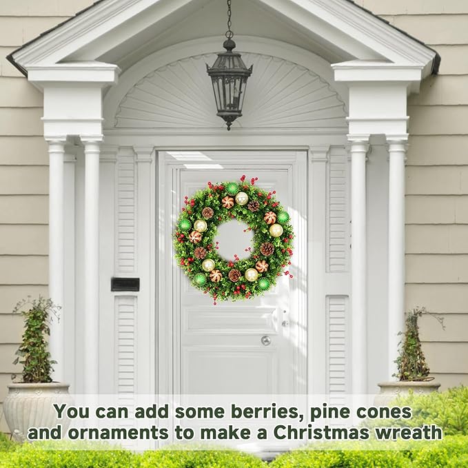 Vlorart 24" Faux Round Boxwood Wreath, Artificial Boxwood Wreath Front Door Wreaths Artificial Spring Summer Greenery Hanging with A Plaid Bow and sash for Front Door Wall Hanging Window Wedding Decor