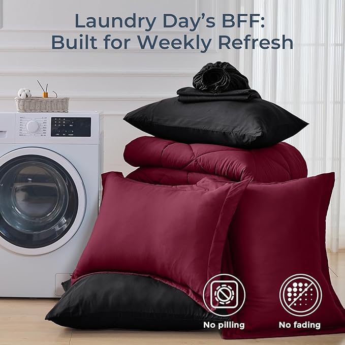 HEVUMYI Red & Black Queen Comforter Set - 7-Piece All Season Burgundy Bed in a Bag Queen, Ultra Soft Bedding Set with Comforter, Flat Sheet, Fitted Sheet, Pillowcases, Pillow Shams, Burgundy