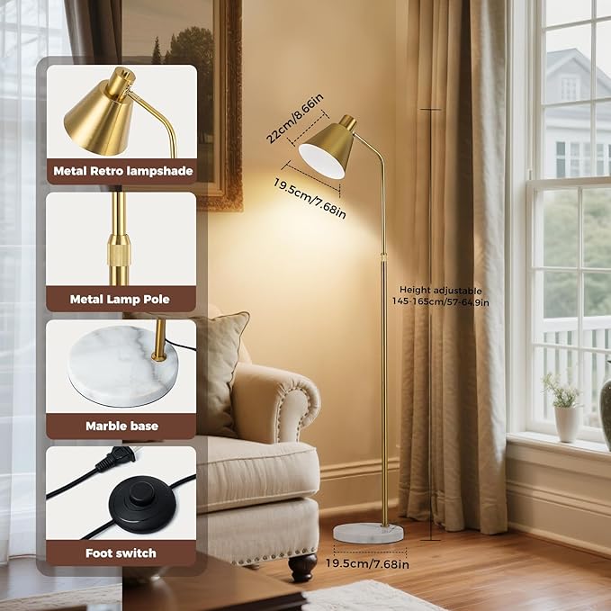 Modern Gold Reading Lamps Floor Standing, 12W Dimmable LED Vintage Brass Standing Lamp for Bedroom, Adjustable Heights Antique Brass Tall Floor Lamp, for Reading Home Corner Living Room
