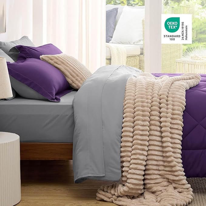 Bedsure Full Size Comforter Set - 7 Pieces Reversible Purple Bedding, Full Size Bed Set for All Seasons, Bed in a Bag with Down Alternative Comforter, Sheets, Pillowcases & Shams