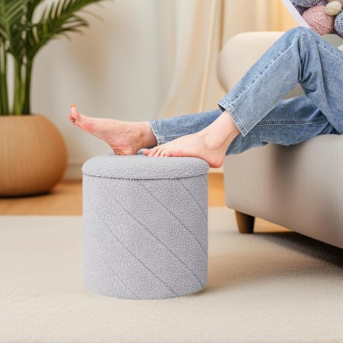 13" Foldable Boucle Round Storage Ottoman,Space-Saving Footrest/Seating/Coffee Table for Small Apartments,Dorms & Bedrooms-Grey