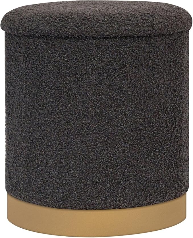 Round Storage Ottoman with Reversible Tray Top, 16.3" Boucle Ottoman Footrest Stool with Metal Base, Upholstered Vanity Stool with Storage for Living Room Bedroom, Dark Grey