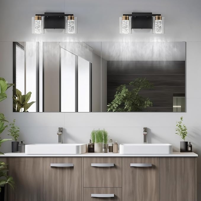SineRise 2-Light Black and Gold Vanity Light with 3 Color Modes (3000K/4000K/6000K), Eye Protection LED Bathroom Light Fixture, Dimmable Modern Wall Light Over Mirror with Clear Glass Shade
