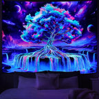 Obsecolors Blacklight Tree of Life Tapestry UV Reactive Waterfall Tapestry Galaxy Space Tapestries Aesthetic Tree Wall Art Colorful Starry Sky Tapestries Wall Hanging for Bedroom