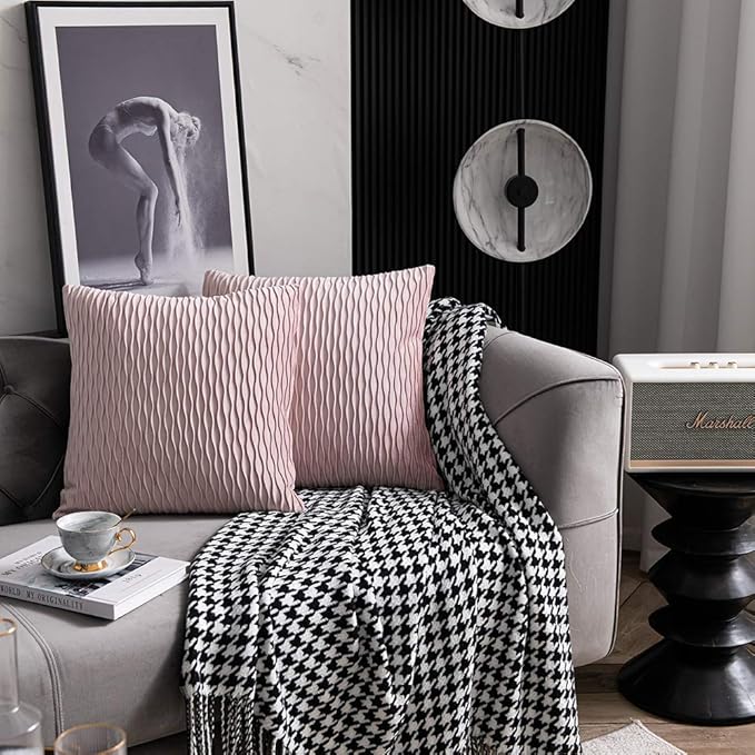 22x22 Pink Throw Pillow Covers: 2 Pack Original Striped Velvet Square Decorative Pillow Cases for Farmhouse Couch