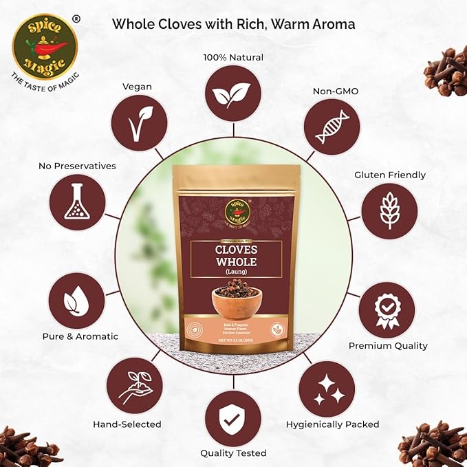 Spice Magic Cloves Whole 3.5 oz (100g) | Pure, Non-GMO, Premium Quality | Aromatic & Richly Flavored | Perfect for Cooking, Baking, Clove Tea, Pomander Balls & Potpourri.