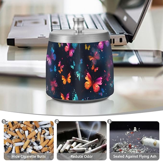 Butterflies Colorful Black Ashtray with Lid, Outdoor Ashtrays for Patio, Stainless Steel Ashtray Odorless Smokeless for Home Office Balcony