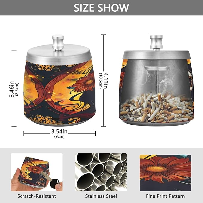 Girl Day Of The Dead Ashtray with Lid, Outdoor Ashtrays for Patio, Stainless Steel Ashtray Odorless Smokeless for Home Office Balcony