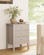 Night Stand, Fluted Nightstand Bedside Tall Farmhouse Nightstand with 3 Drawers, Mid Century Modern Side Accent Table,Bedside End Table for Bedroom, Living Room, Khaki