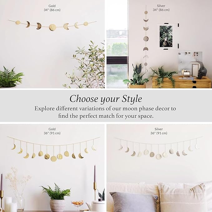 BASE ROOTS Moon Phase Wall Decor, Silver Wall Art for Bedroom, Bohemian and Astrology, Witchy Aesthetic 36" 13 Phases Metal Moon Wall Garland, Celestial Decoration, Gift for Women & Kids