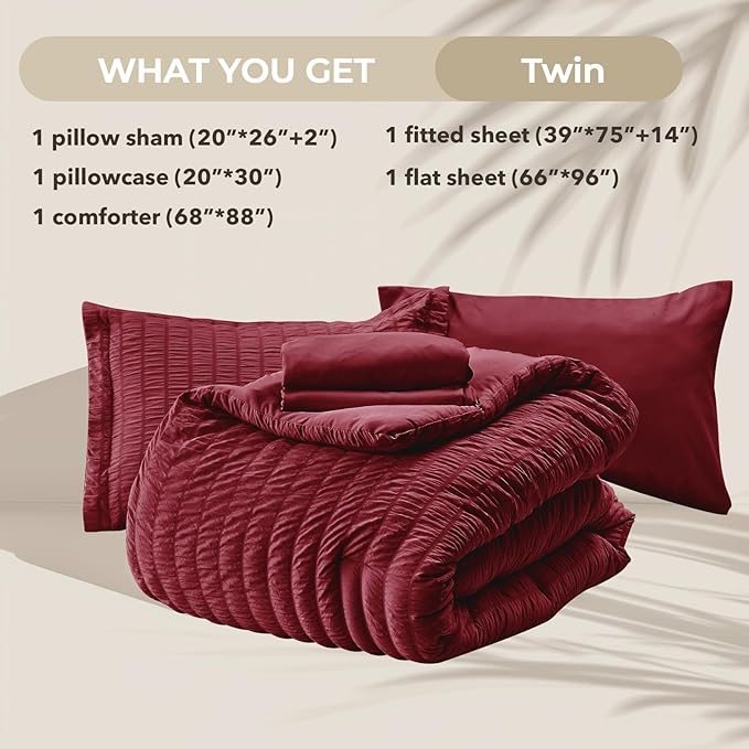 HYMOKEGE Burgundy Twin Comforter Set Seersucker 5 Pieces, All Season Luxury Bed in a Bag for Bedroom, Bedding Set with Comforters, Sheets, Pillowcase & Sham