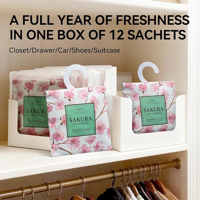 12 Pack Large Sakura Scented Sachets – Hanging Closet & Drawer Deodorizer & Air Freshener, Long-Lasting Aroma