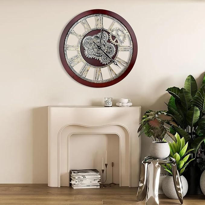 HOIBAI Large Wall Clock, Wall Clocks for Living Room Decor 30 Inch Farmhouse Vintage Rustic Kitchen Wall Decor Vintage Roman Oversized Wall Clock for Home Bedroom House , Moving Gears Clock