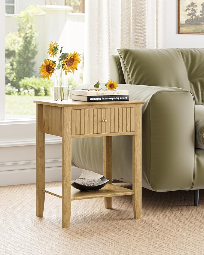 Fluted Nightstand, Farmhouse Night Stand with 1 Drawers, Mid Century Modern Side Accent Table,Bedside End Table for Bedroom, Living Room, Yellow Oak