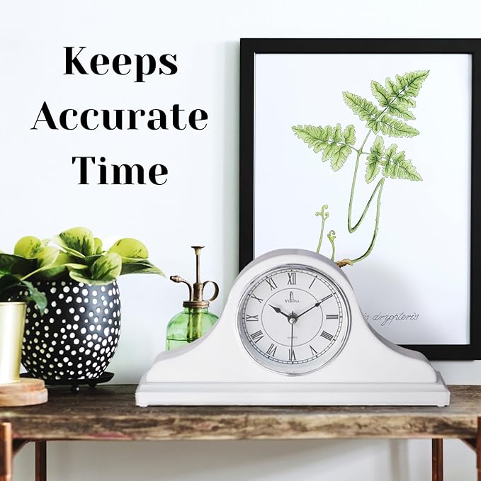 Mantel Clock, White Wooden Mantle Clock for Living Room Décor - Silent, Decorative, Solid Wood, Battery Operated Mantle Clock for Fireplace Mantel, Office, Desk, Shelf & Home Décor Gift, 15x7.5 Inch