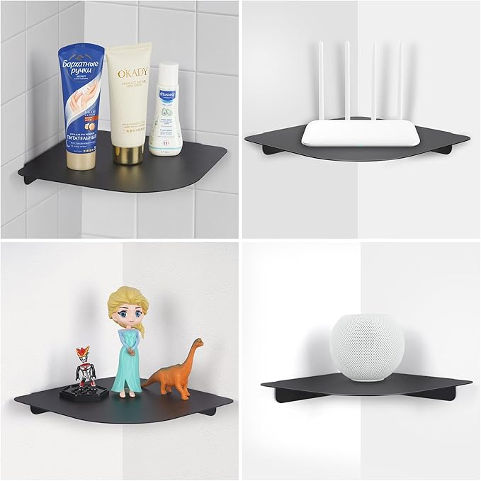 8" Floating Corner Shelf, Metal Corner Shelf Wall Mount for Wall Storage, for Smart Home, Speakers, Internet Router, Security Camera - for Bathroom, Kitchen, Bedroom, and Living Room (Black)