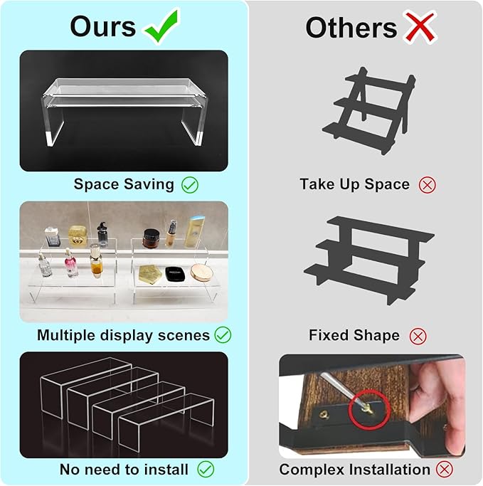 Acrylic Display Riser Stand,5mm Thickness, 12'' Length Tierd Display Stands, Acrylic Shelf Risers for Perfume Display,Risers for Buffet Table,Cupcake Stand,Pop Figurines,Tumbler,Food,4Pcs