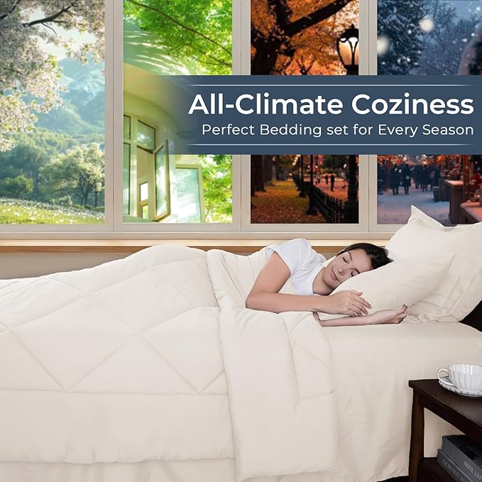 HEVUMYI Ivory Full Comforter Set - 7-Piece All Season Bed in a Bag Full, Ultra Soft Bedding Set with Comforter, Flat Sheet, Fitted Sheet, Pillowcases, Pillow Shams