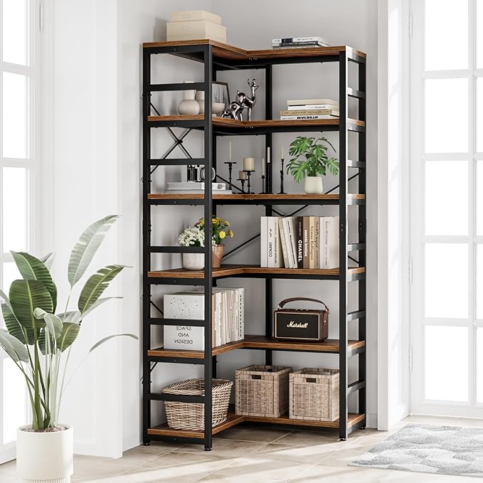 NUMENN 6 Tier Corner Bookshelf, Modern Corner Bookcase, Large Open Shelf Bookcase, Tall Bookshelves Storage Display Rack for Bedroom, Living Room and Home Office, Vintage