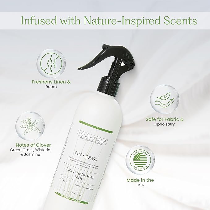 FIELD FLEUR Cut Grass Linen & Room Spray 15.5 oz - Aromatic & Refreshing Bedding & Fabric Mist - Air Freshener for Clothes & Sofas - Notes of Clover, Green Grass, Wisteria & Jasmine - Made in USA