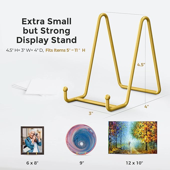 TR-LIFE Plate Display Stand - 4.5 Inch Holder + Metal Frame for Picture, Decorative Plate, Photo Easel, Tabletop Art (Gold 2 Pack)