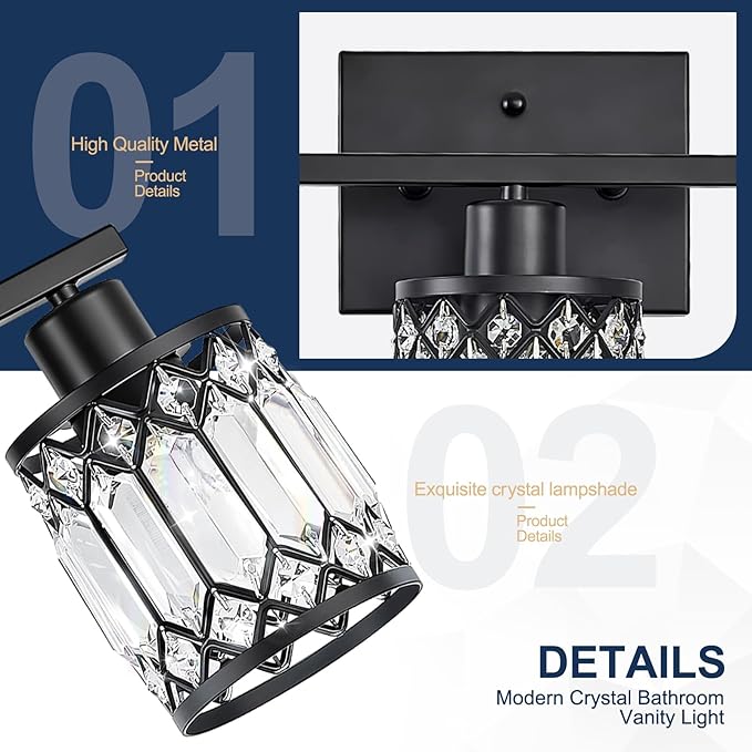 Crystal Modern Bathroom Light Fixtures, 4-Light Black Bathroom Vanity Wall Light, Vanity Lights for Mirror, Restroom, Bedroom (E26 Socket, Bulbs Not Included)