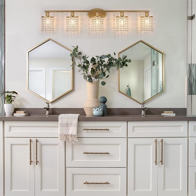 5-Light Vanity Light, Crystal Gold Vanity Lights Over Mirror, Gold Bathroom Light Fixtures